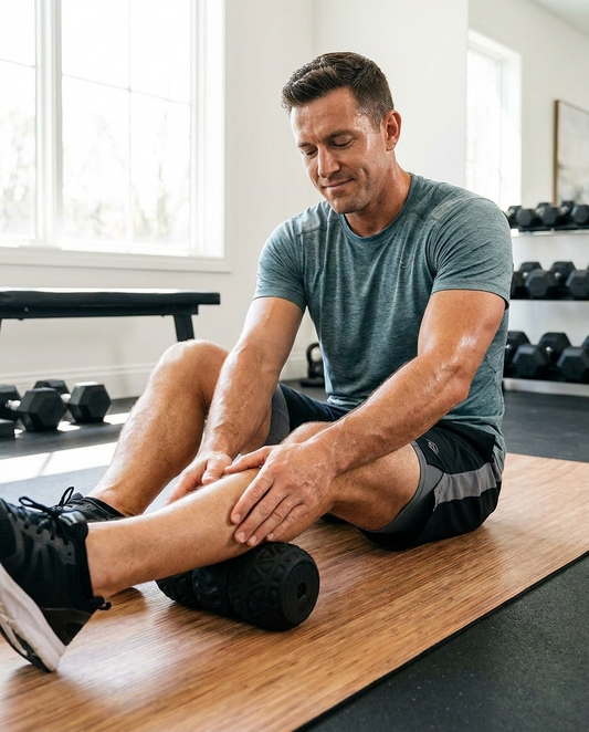 Man using the Mexobay Vibration Roller on his calf